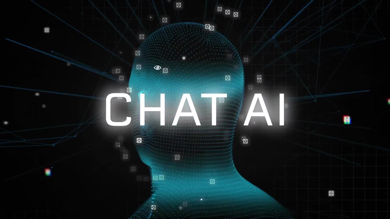 Animation of artificial intelligence chat text and data processing over human head