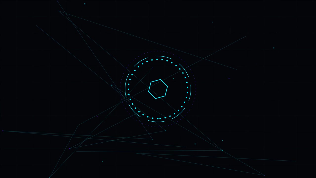 Abstract Digital HUD Interface with Rotating Hexagon and Connecting Lines
