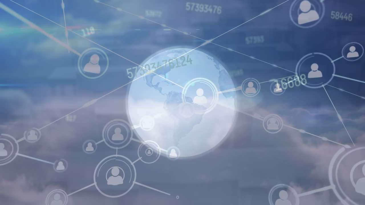 지구와 구름이 가득한 하늘 위의 아이콘과 연결 네트워크의 애니메이션