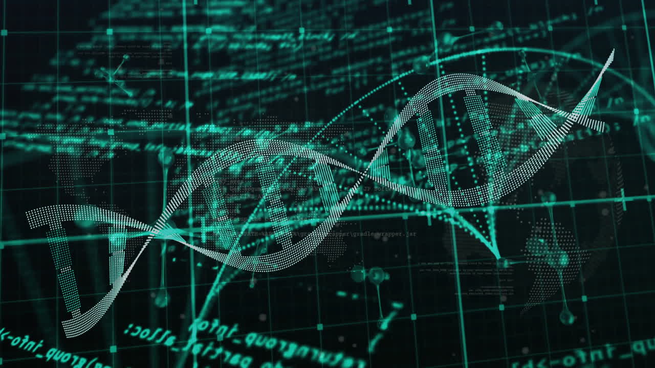 검은색 배경에 dna 스트랜드와 분자에 대한 데이터 처리의 애니메이션