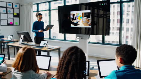 teacher giving a presentation to students in a modern classroom