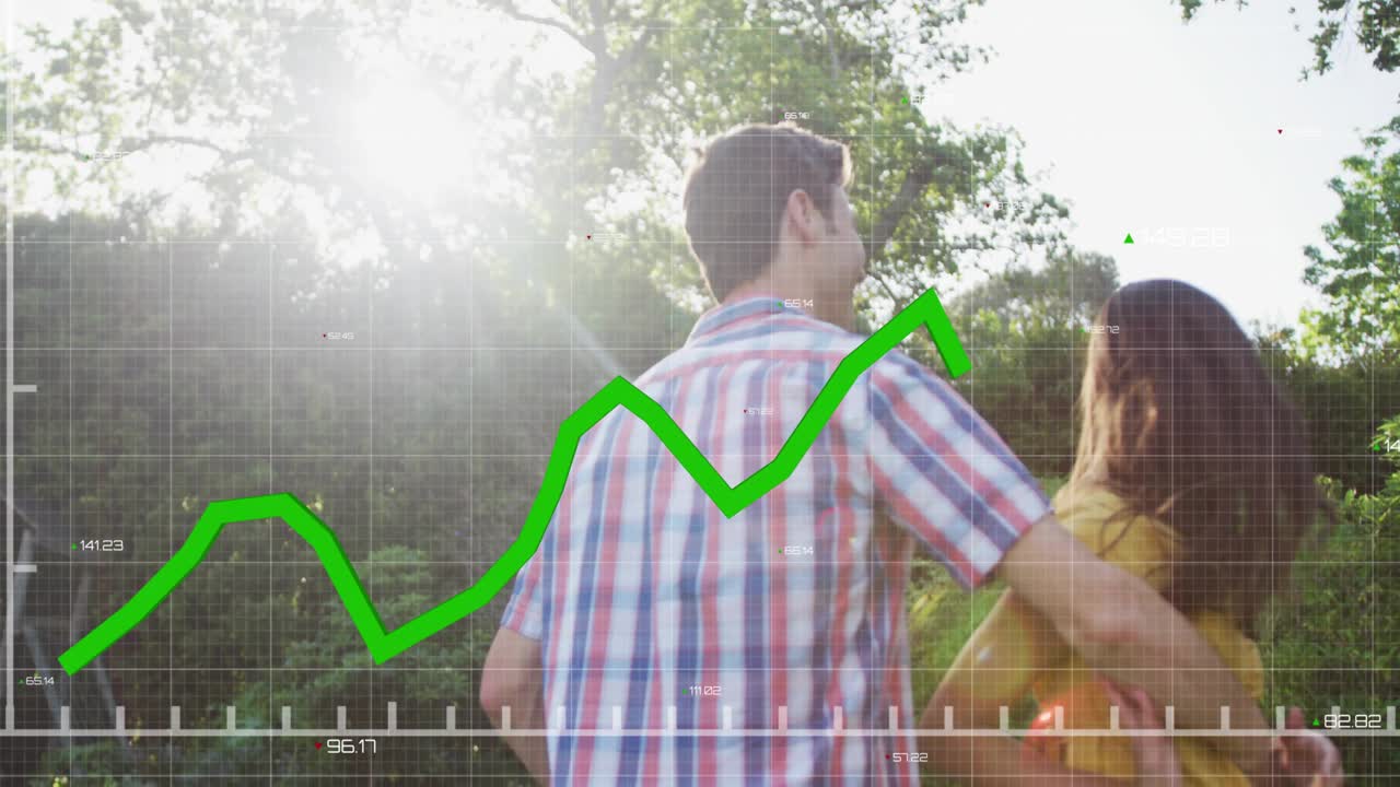 Mand rækker hånd ud til kvinde på lysning, starter animeret finansdiagram, der reagerer på glædelig dans.