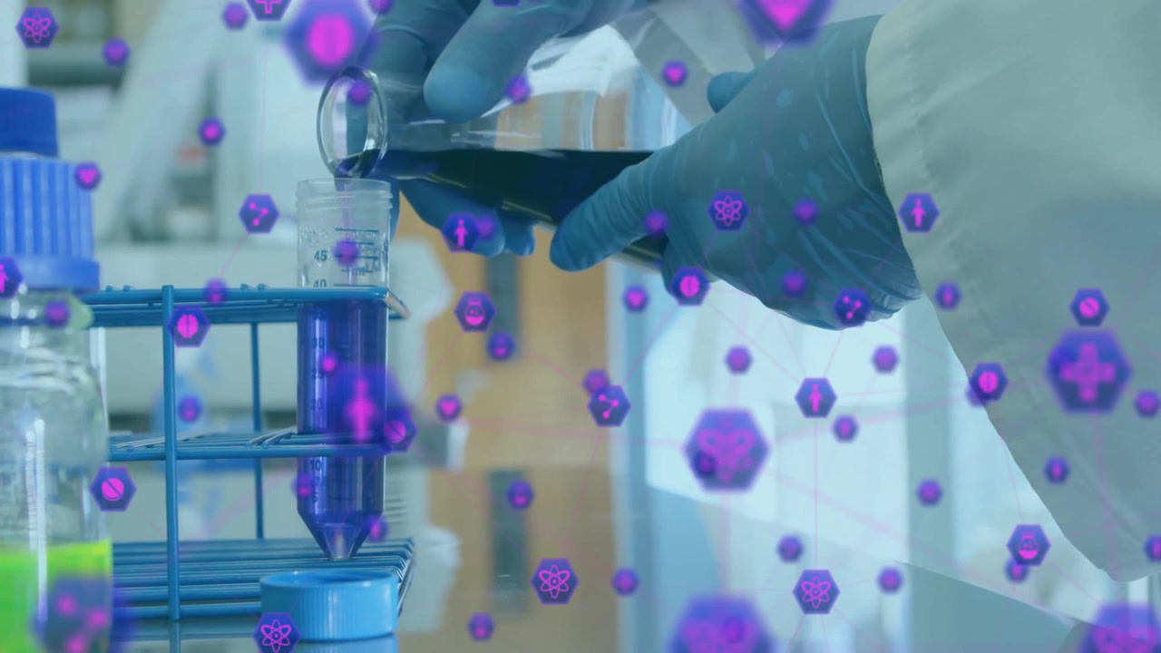 Technician pressing plunger, filtering fluid while purple icons swirling over research lab bench