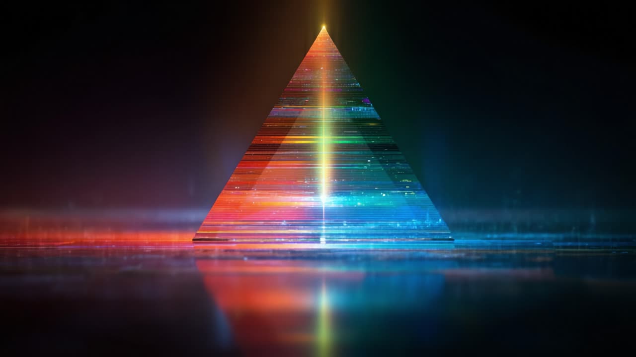 A Stunning Digital Pyramid Shimmering with Multicolored Light and Reflections, Capturing the Essence of Modern Abstract Art and Technology in a Dazzling Display of Brightness and Design