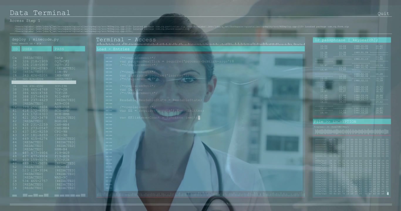 Médica sorrindo enquanto um HUD sobrepõe dados do paciente e permite acesso médico.