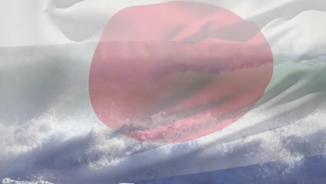 Animation-of-flag-of-japan-blowing-over-waves-in-sea