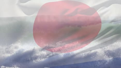 animation of flag of japan blowing over waves in sea