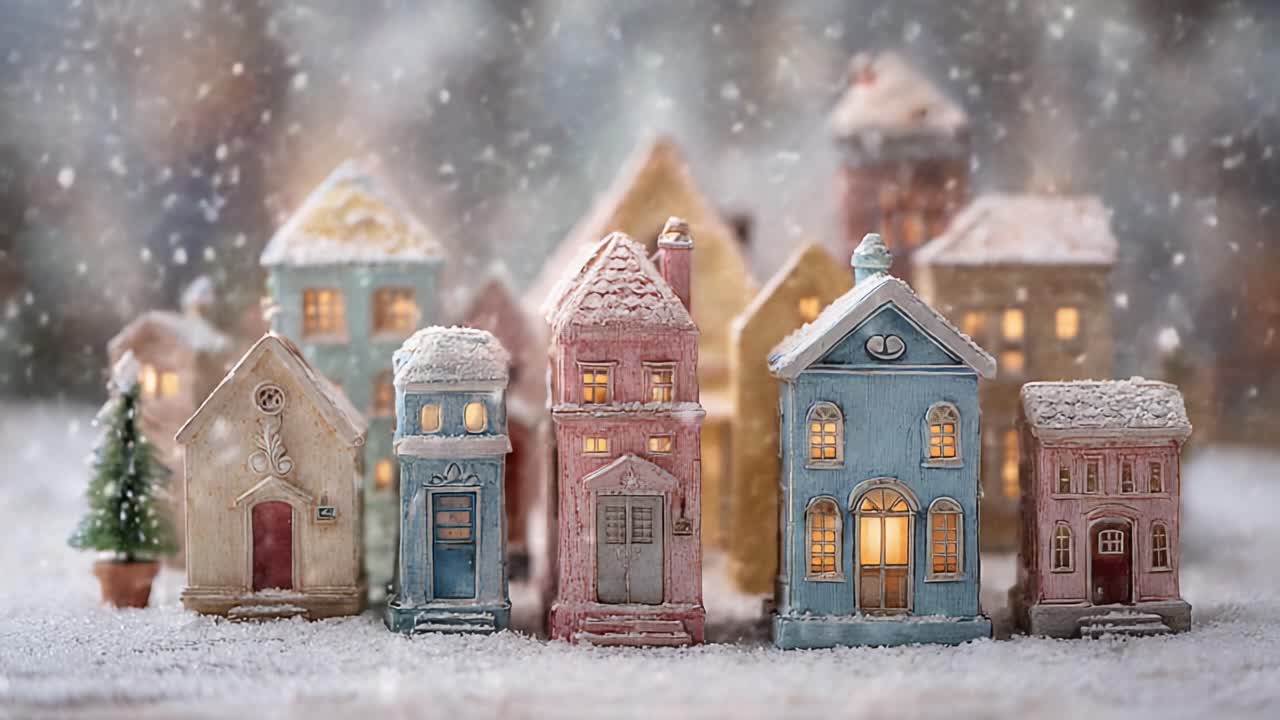 Charming Winter Wonderland: A Quaint Village of Delicate Snow-Draped Houses Illuminated by Soft Warm Lights in a Magical, Frosty Landscape