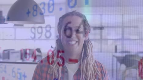 animation of financial data over happy biracial casual businessman with dreadlocks in office