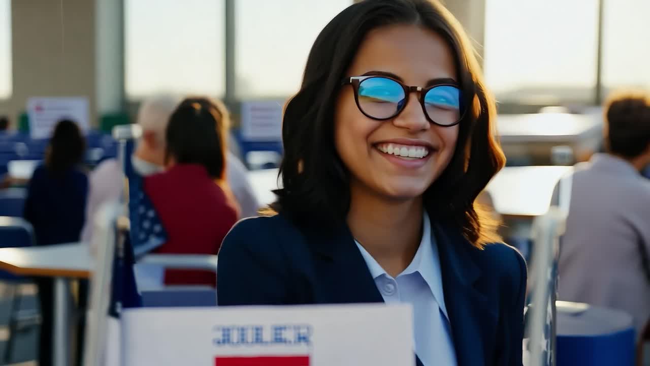 una joven empresaria sonríe ampliamente mientras asiste a una convención política, rodeada de banderas estadounidenses. la atmósfera irradia confianza y entusiasmo entre la multitud.