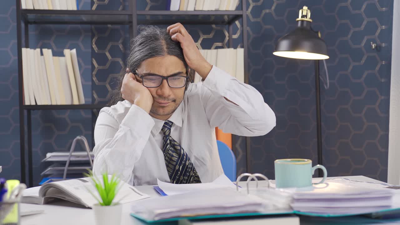 게으른 사무실 직원이 책상에 앉아서 산만하고 고민하고 있습니다.