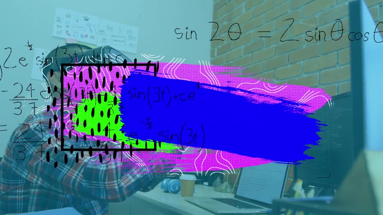 animación de manchas y formas coloridas sobre el hombre de negocios usando auriculares vr