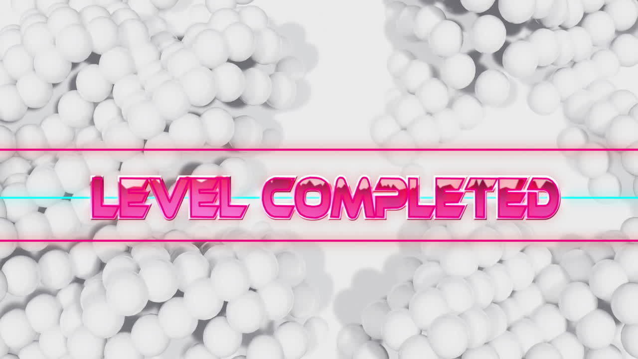 움직이는 색 모양 위에 완성된 텍스트의 레벨 애니메이션