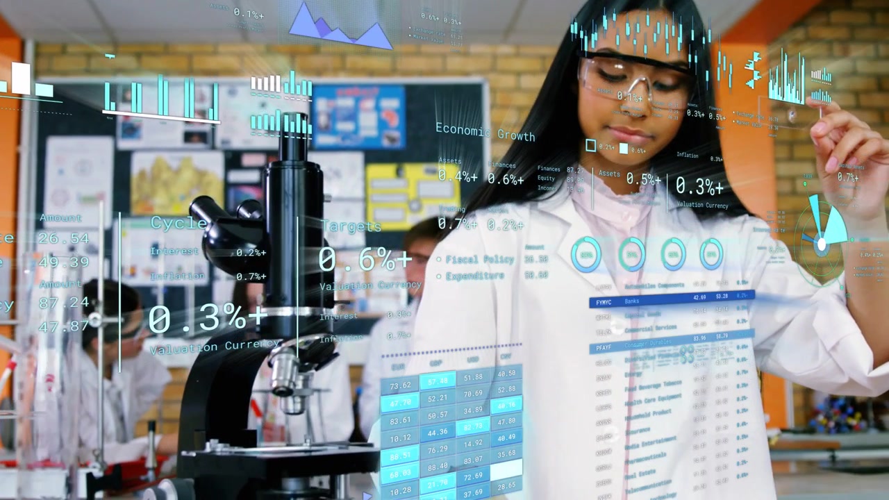 Teen female tapping holo UI with stylus in science lab, adjusting settings and recording data