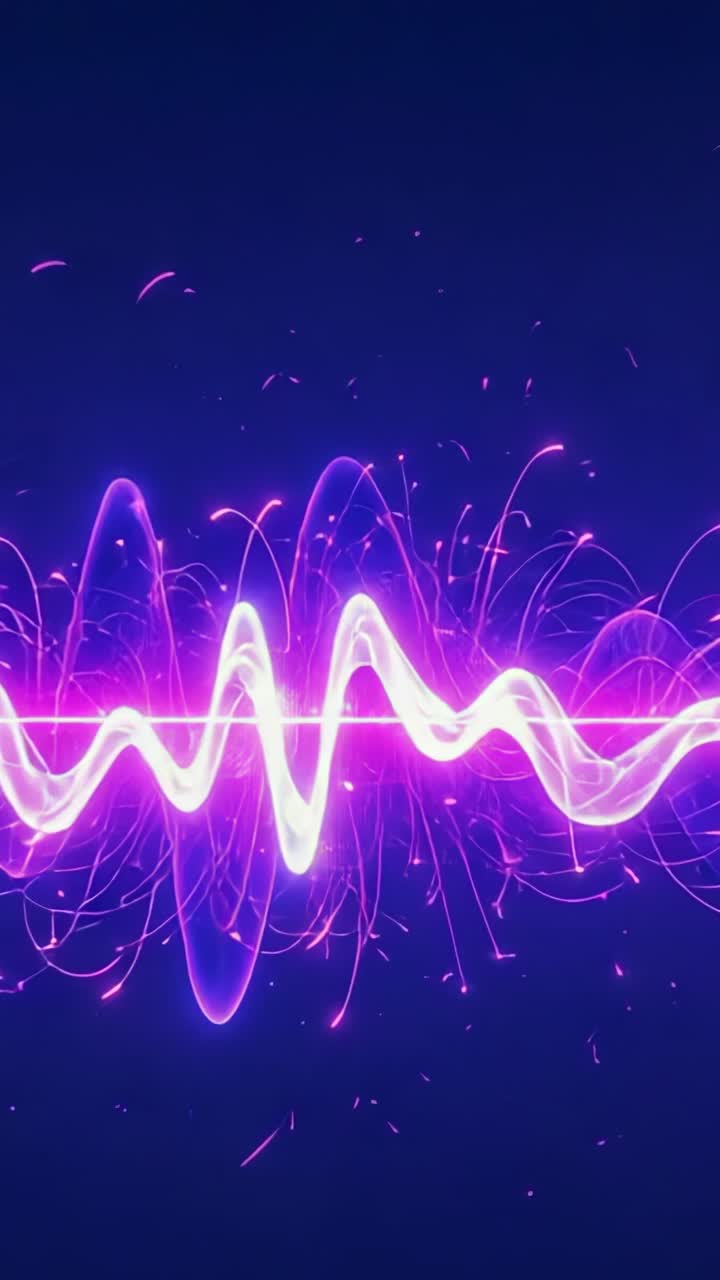 Vertical video: Appearing neon waveform pulsing, intensifying, settling in void, with violet sparks