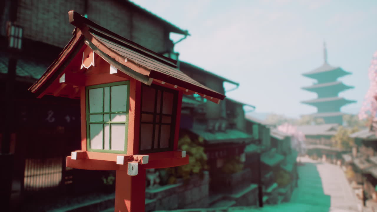calle tradicional japonesa con linterna roja y pagoda en la distancia