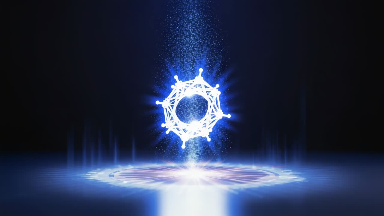 Forming from particle column, ring hovering above energy pad in dark stage, particles feeding ring