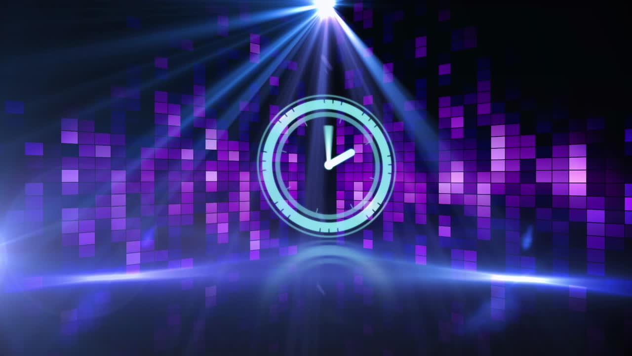 Animation of scanner with clock face over dance floor with flashing purple lights and spotlight