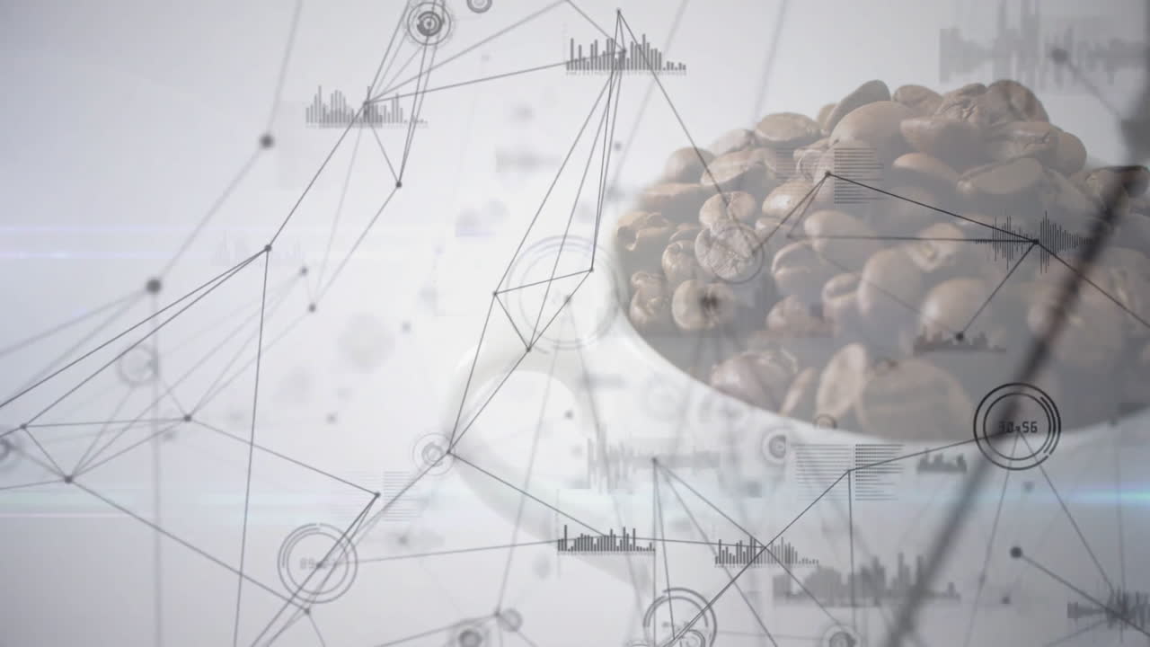 Flat 3D render showing coffee beans overflowing bowl with digital network nodes charts waveform