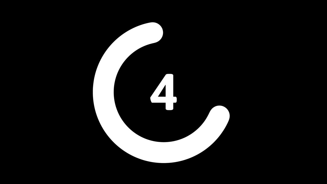 Minimal countdown with tailed lines circling counterclockwise from 10 to 0 seconds. White on balck. Isolated animation.