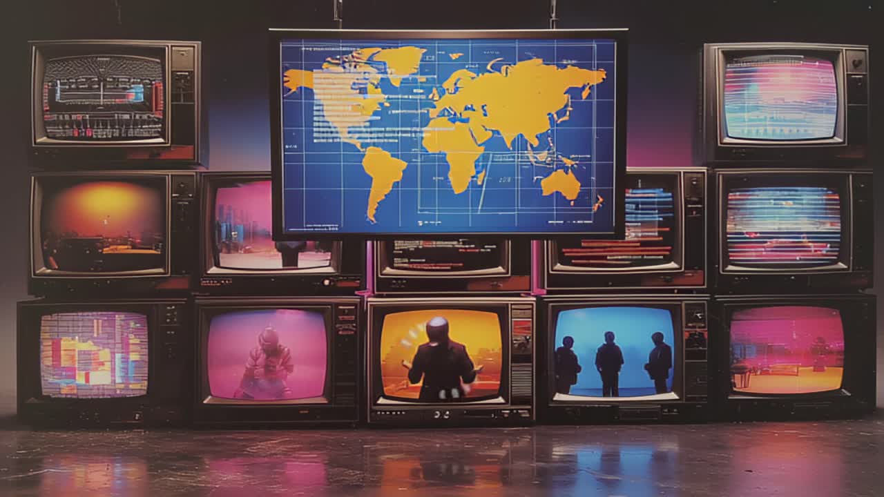 Stack of vintage CRT televisions showing a world map, static and colorful glitch screens in a dark studio, concept of global news, surveillance, media and technology