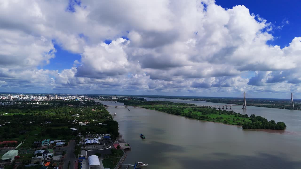 Aerial View Pan of the River in Can Tho.