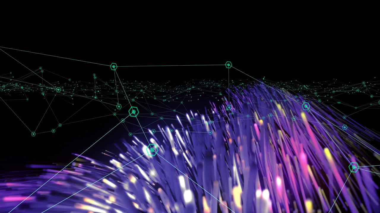Glowing 3D data strands weaving toward viewer, connecting neon network nodes in virtual 3D render