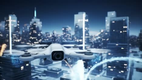 exploring advanced drone technology: a futuristic flight over a vibrant city skyline and global connectivity visualized through dynamic mapping