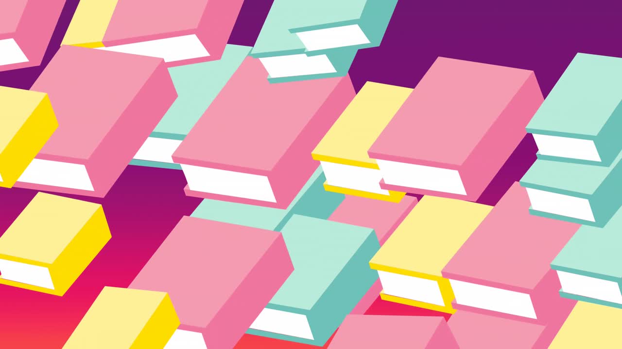 animación de múltiples iconos de libros flotando contra el espacio de copia en un fondo de gradiente púrpura.
