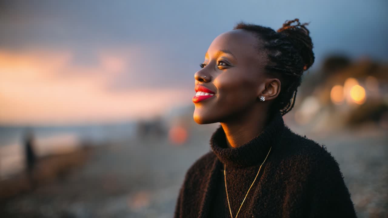 A Joyful Moment: Embracing Serenity by the Shoreline at Dusk with a Reflective Expression and Bright Red Lips, Capturing the Beauty of Nature and Self