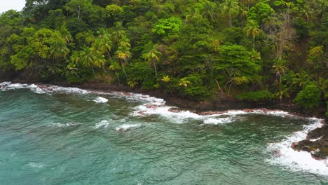 vue aérienne du littoral de l'île tropicale de palmiers alors que les vagues se déplacent vers le rivage sablonneux