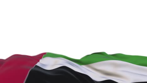 united arab emirates fabric flag waving on the wind loop. united arab emirates embroidery stitched cloth banner swaying on the breeze. half-filled white background. place for text. 20 seconds loop.