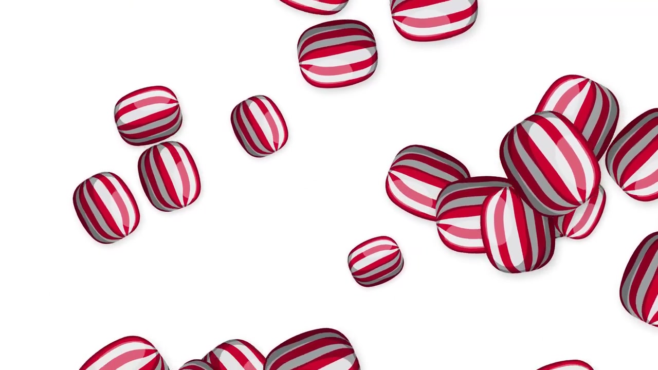 Hard peppermint candies with red and white stripes fall and bounce against white background.