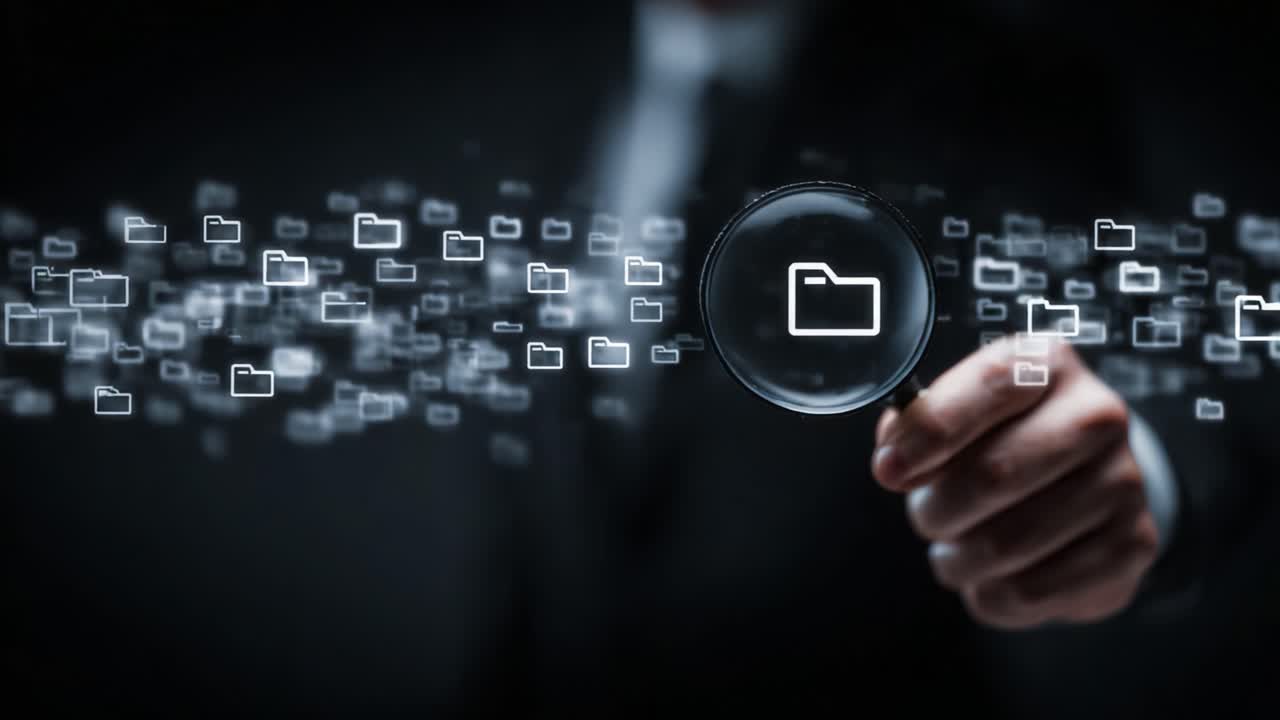 Exploring Digital Organization: A Focus on Data Management Through a Magnifying Glass Showcasing Virtual Folders in a Modern Business Environment
