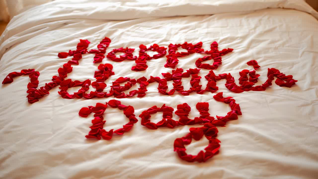 Telecamera in movimento che si avvicina lentamente a una rosa rossa con petali che formano scritte su un letto bianco, rivelando i dettagli della texture