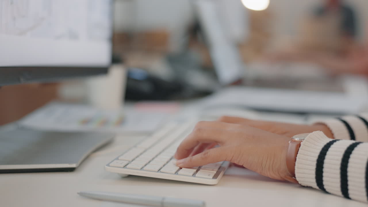 Hands, keyboard and person typing with closeup