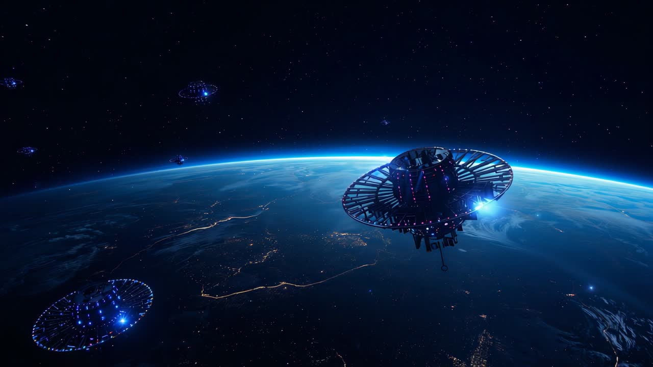 Opening shot revealing Earth night side, three disc spacecraft hovering over city lights patrolling