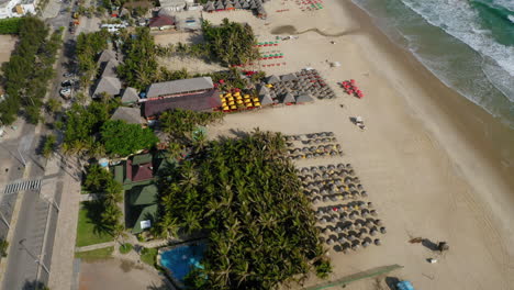 Aerial-view-of-the-beach,-palm-trees-and-the-city-around,-Praia-do-Futuro,-Ceara,-Brazil