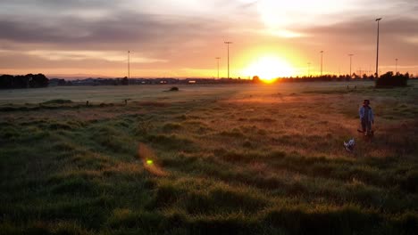 Sunrise-behing-woman-walking-dogs-through-farm-grass