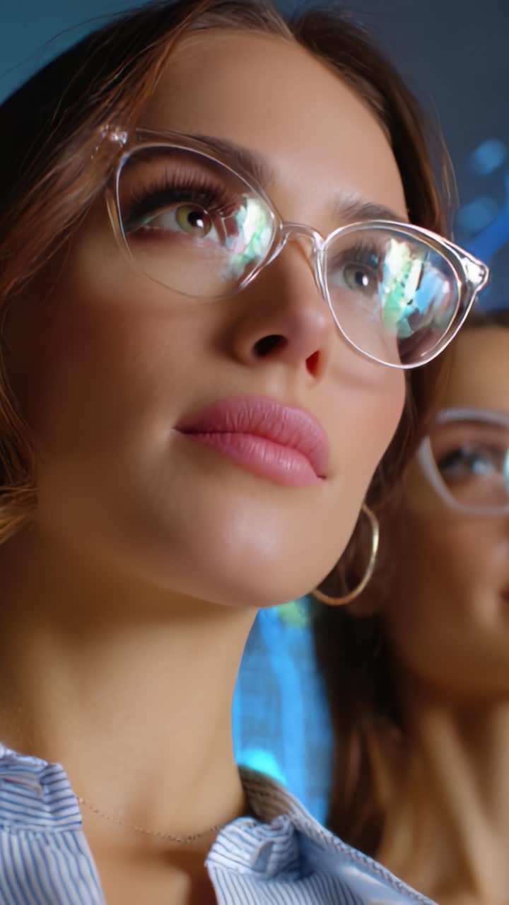 Accattivante primo piano di una donna con gli occhiali, espressione concentrata e sfondo moderno, che mette in risalto stile e raffinatezza in un ambiente contemporaneo
