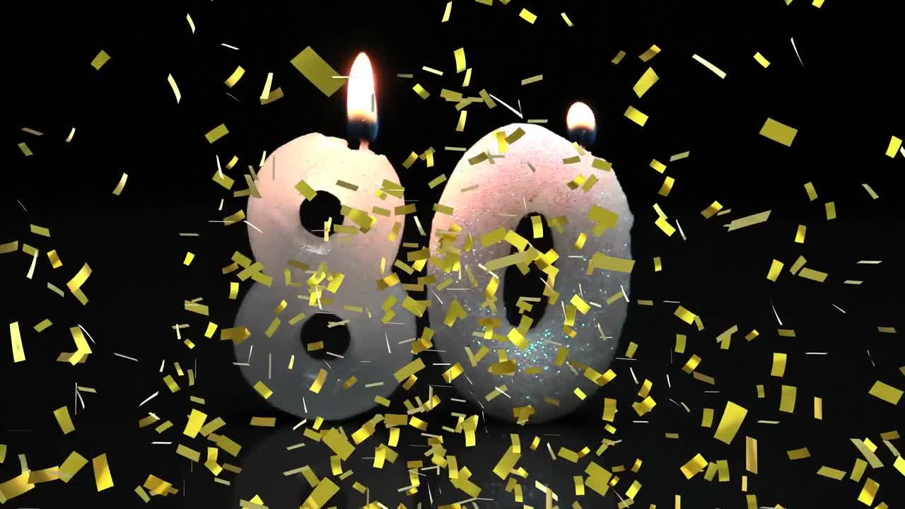 animación de confeti de oro cayendo sobre 80 velas de cumpleaños encendidas, apagadas, sobre fondo negro