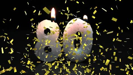 Animation-of-gold-confetti-falling-over-lit-80-birthday-candles,-blown-out,-on-black-background