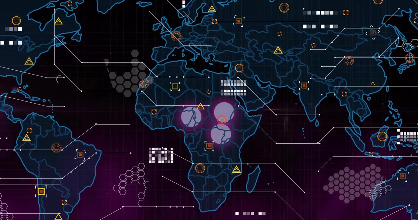Animated neon world map responding to data pulse, showing pulsing magenta hotspots and security UI