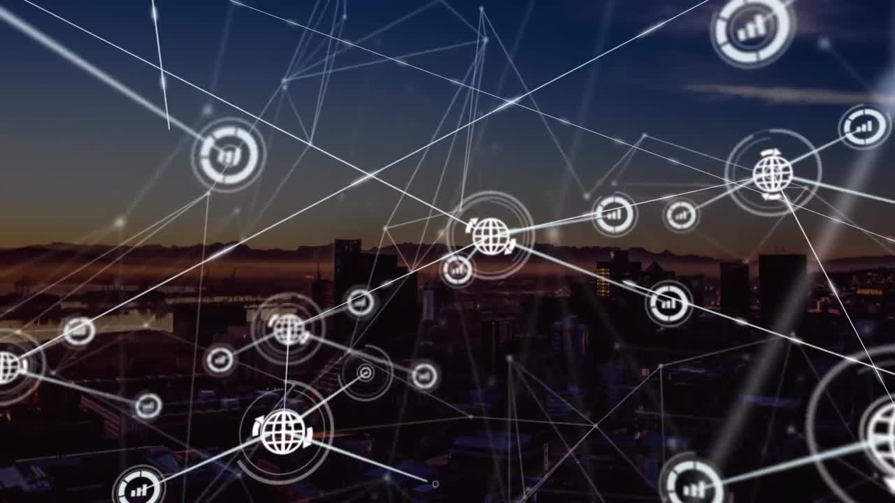 Animation of network of connections with icons over cityscape