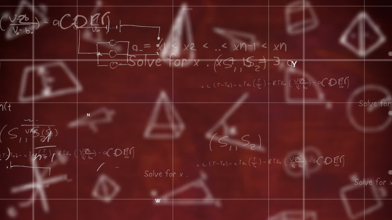 diagramas matemáticos y ecuaciones flotando sobre formas geométricas sobre un fondo rojo