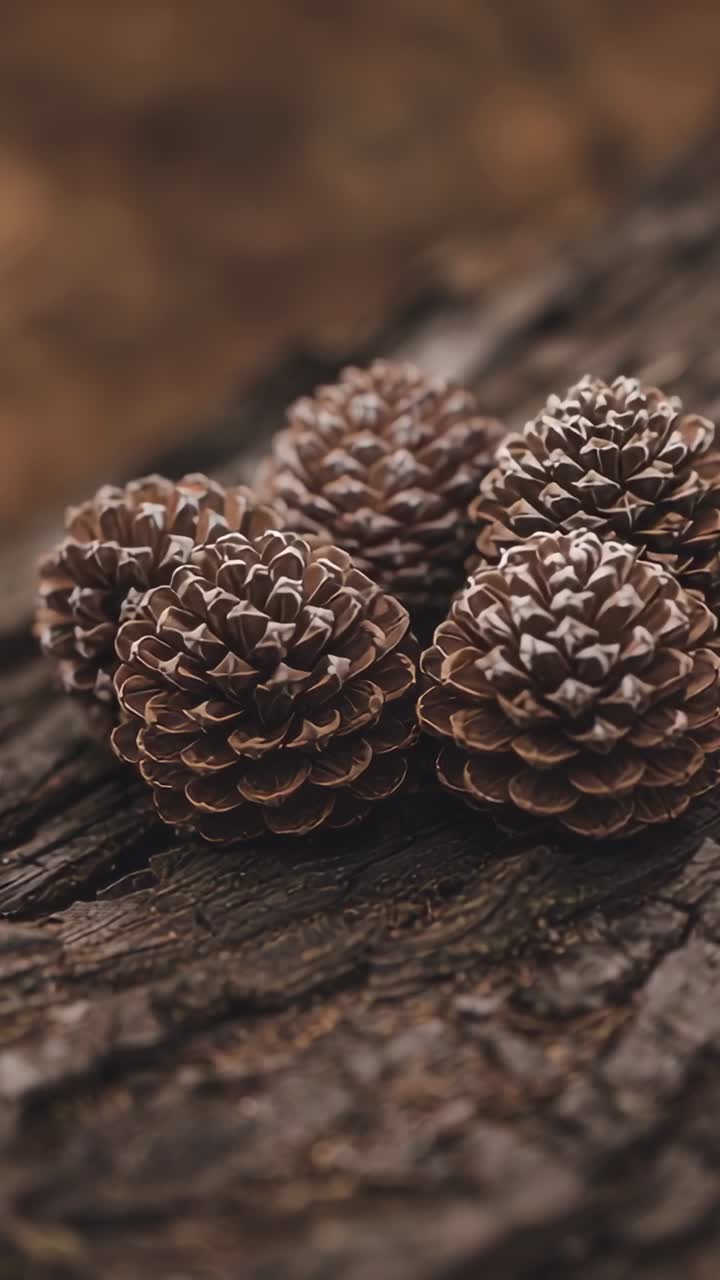 Vertical video: Playback starting camera zooming in on pinecones on log bark, revealing scales
