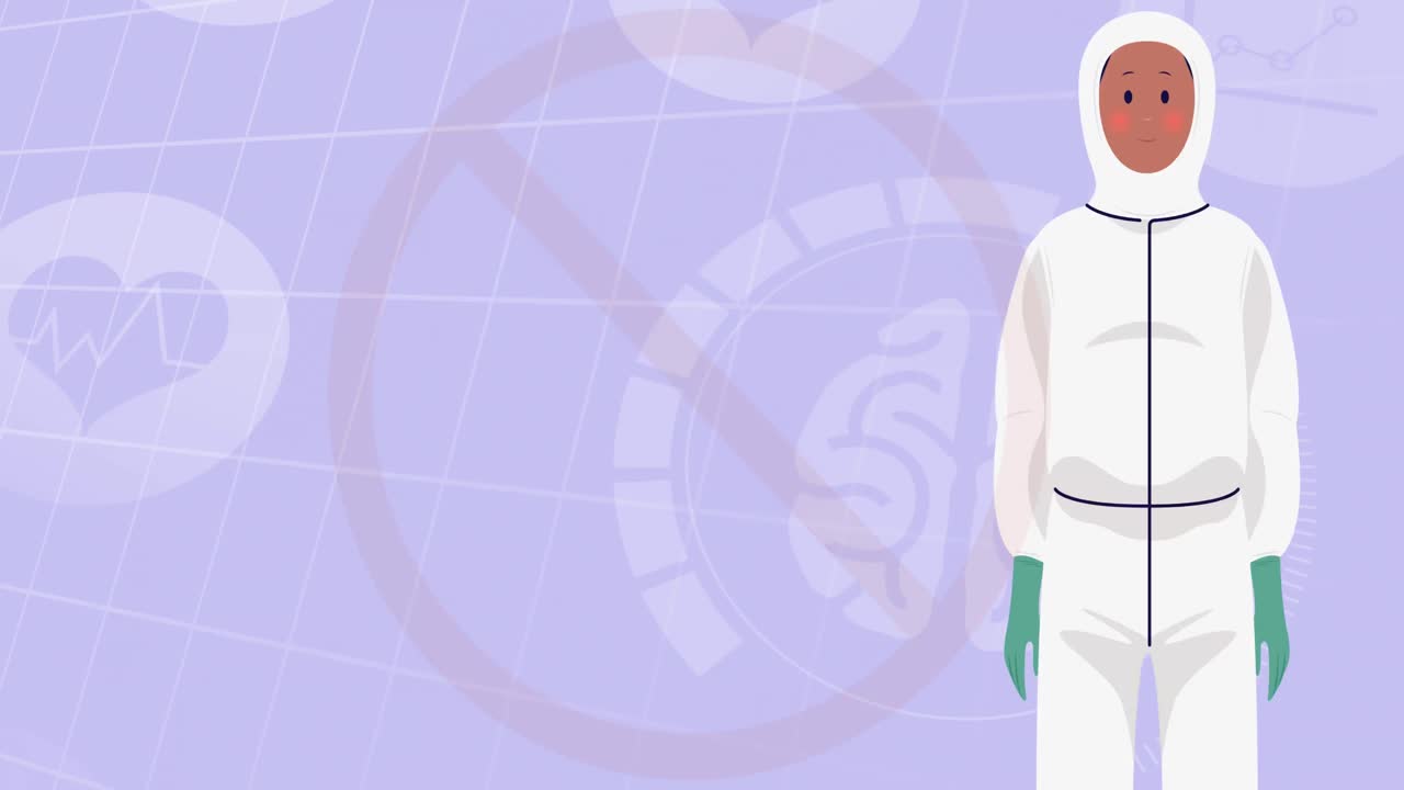 анимация запретительного знака с врачом-мужчиной над медицинскими иконами