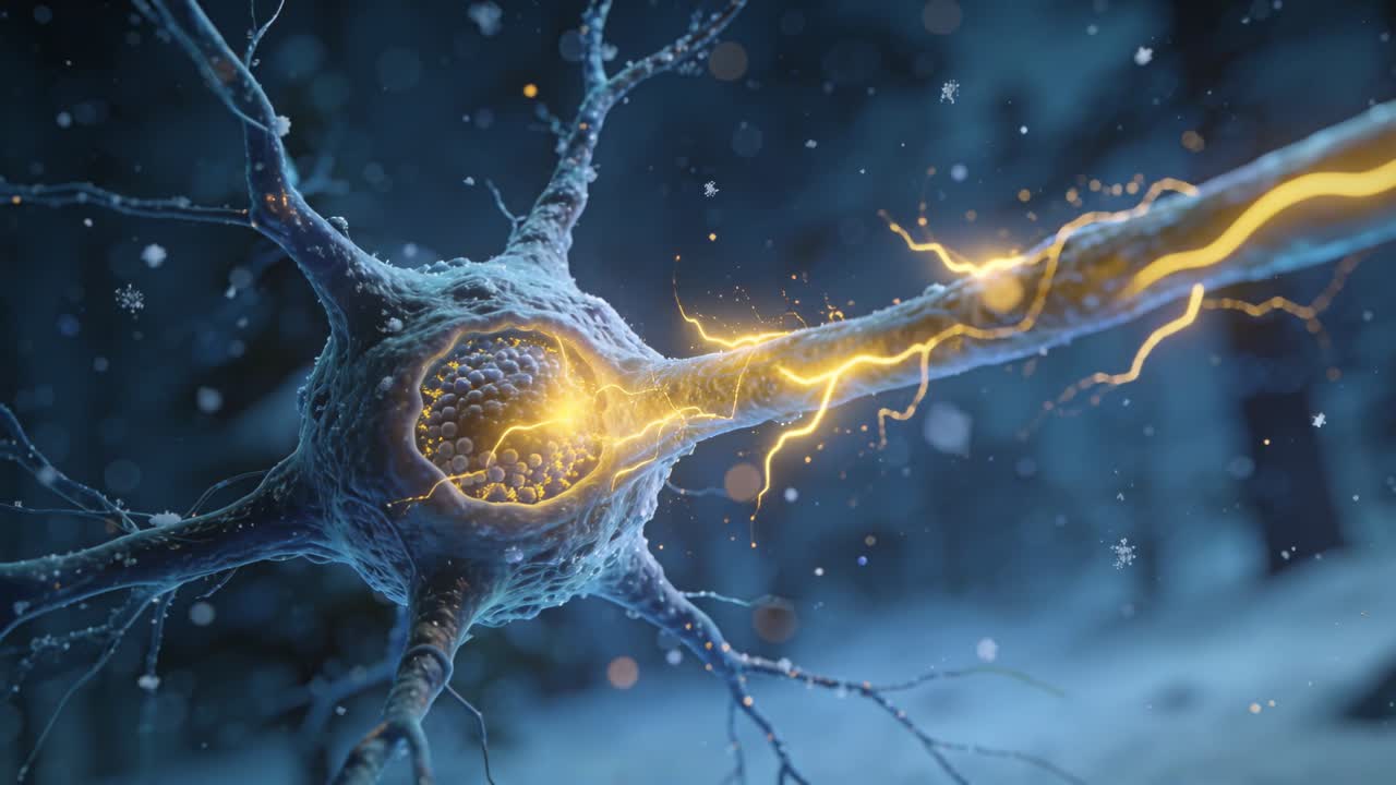 Originating at axon hillock neuron sending yellow impulse along axon in macro view, with vesicles