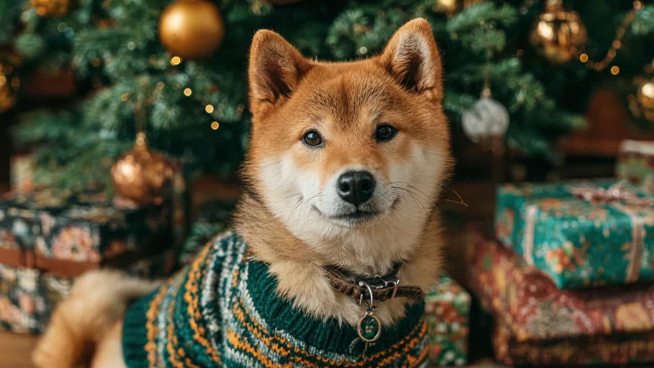 A Festive Shiba Inu Poses Cheerfully Amidst a Decorated Christmas Tree and Colorful Gift Boxes, Inviting Joy and Warmth During the Holiday Season