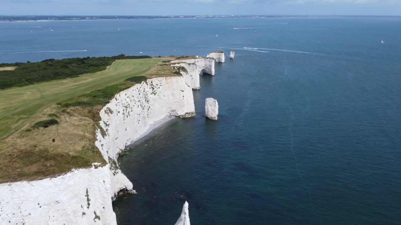Aerial Dolly In Over Old Harry Rocks Sea Stack Chalk Rock Formation